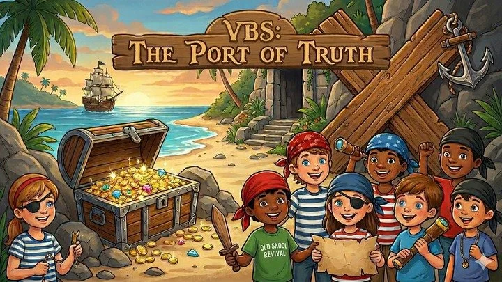 Children dressed as pirates on a treasure hunt at the port of truth, with a treasure chest filled with gold coins and gemstones, a ship in the ocean, and a wooden dock with an anchor.