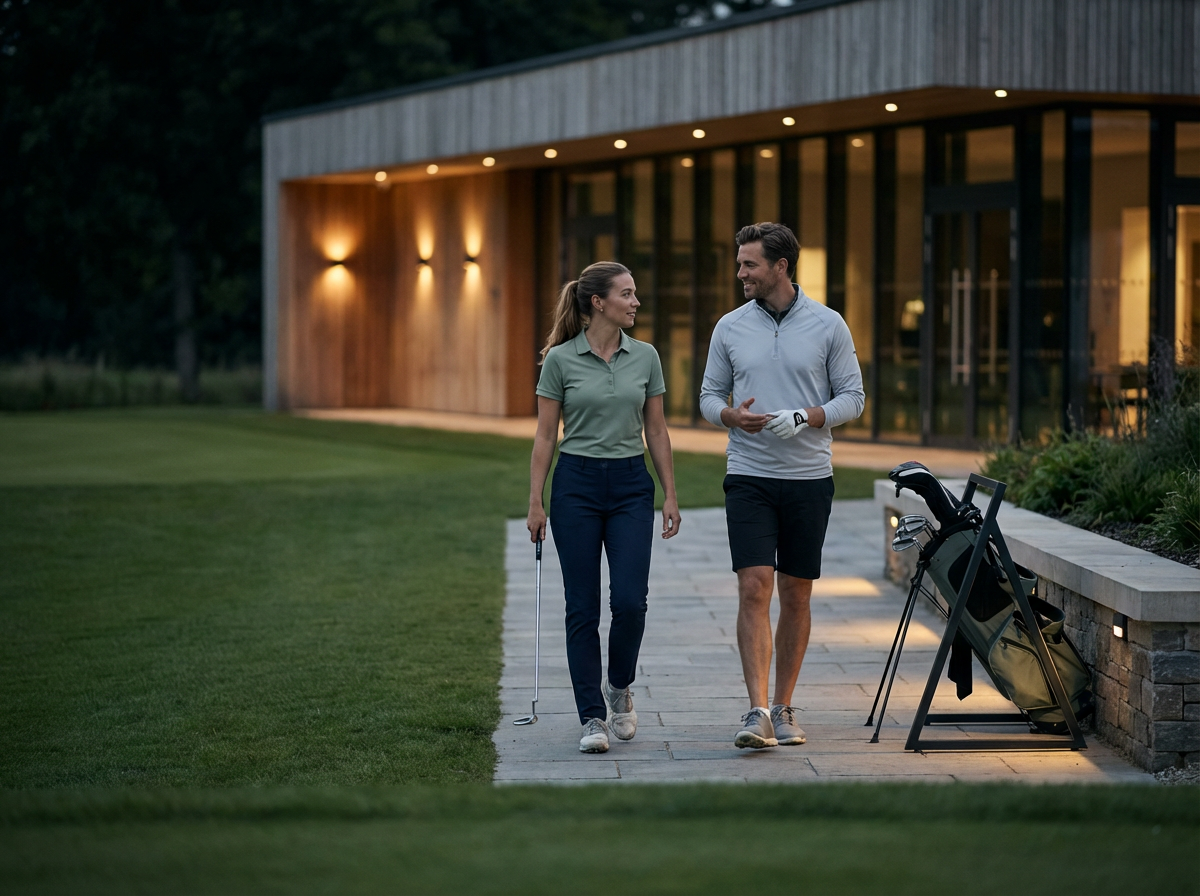Two people walking on a golf course at dusk, engaging in conversation, with golf equipment nearby and a modern building in the background.