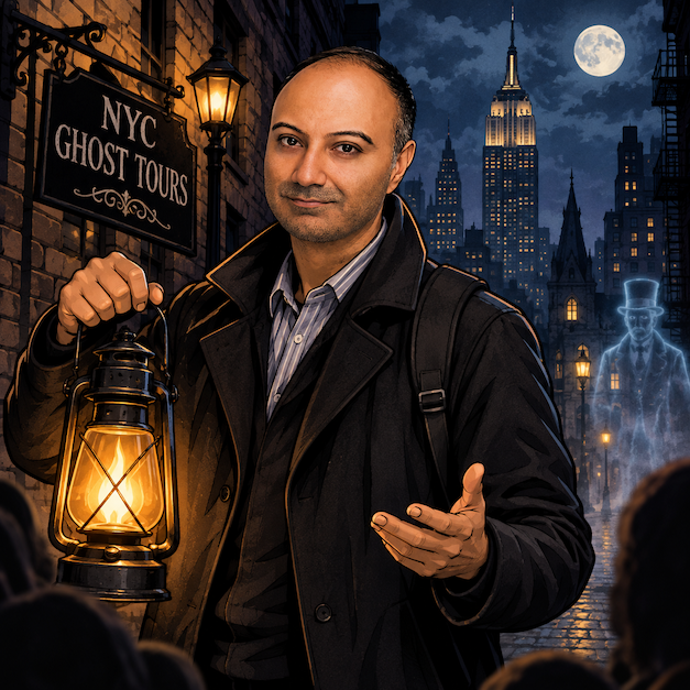 A man holding a lantern during a ghost tour on a city street at night with skyscrapers and a full moon in the background, and a ghostly figure behind him.