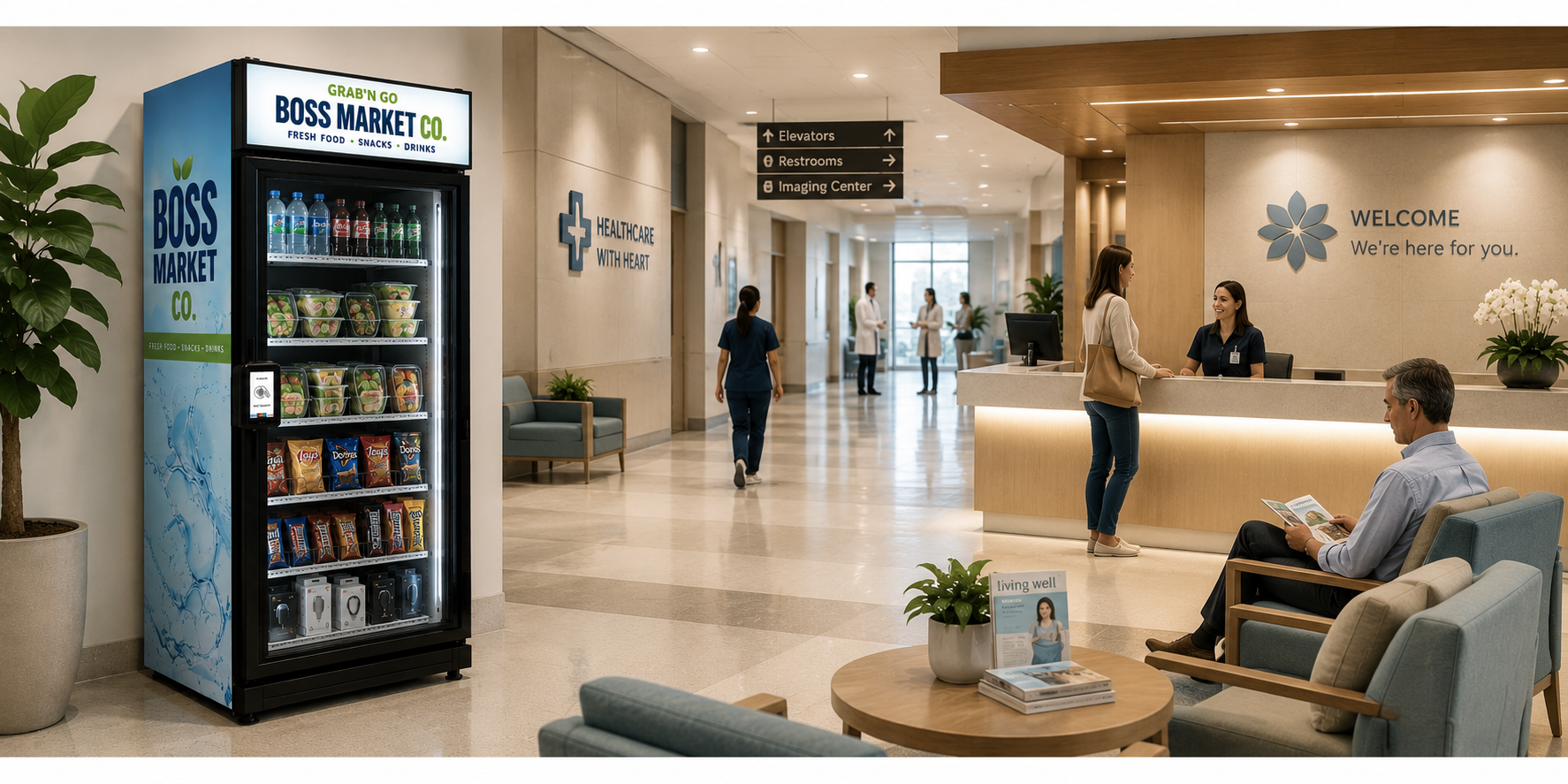 Hospital lobby with a vending machine labeled 'Boss Market Co.', a reception desk with a staff member and a patient, seating area with a man reading a magazine, directional signs, and healthcare signage.