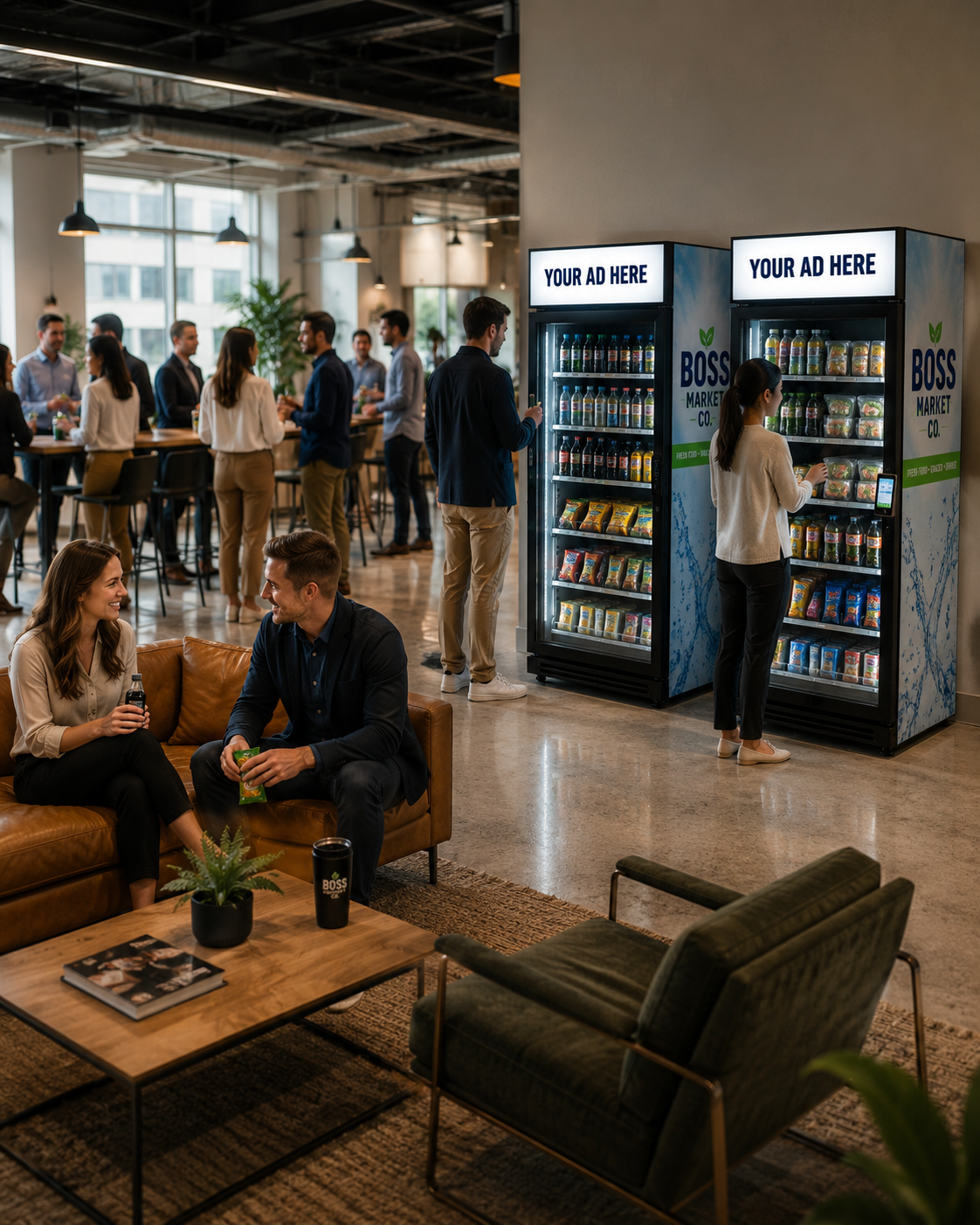 People socializing in an office breakroom with vending machines and seating area.