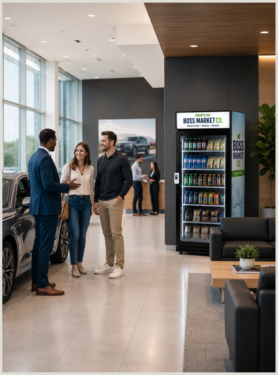 Three people talking near a car in a modern showroom, with a vending machine labeled 'Boss Market Co.' behind them and a lounge area with a plant and coffee table in the foreground.