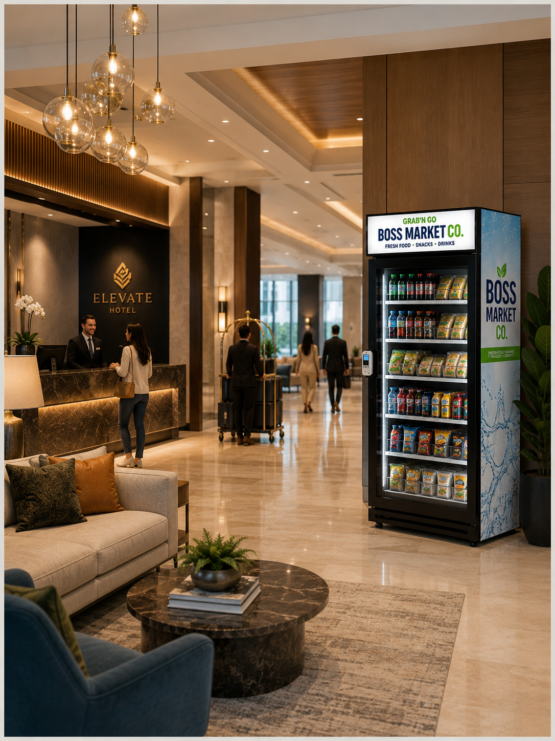 Hotel lobby with a front desk, seating area, decorative lighting, and a vending machine for snacks and drinks labeled BOSS MARKET CO.