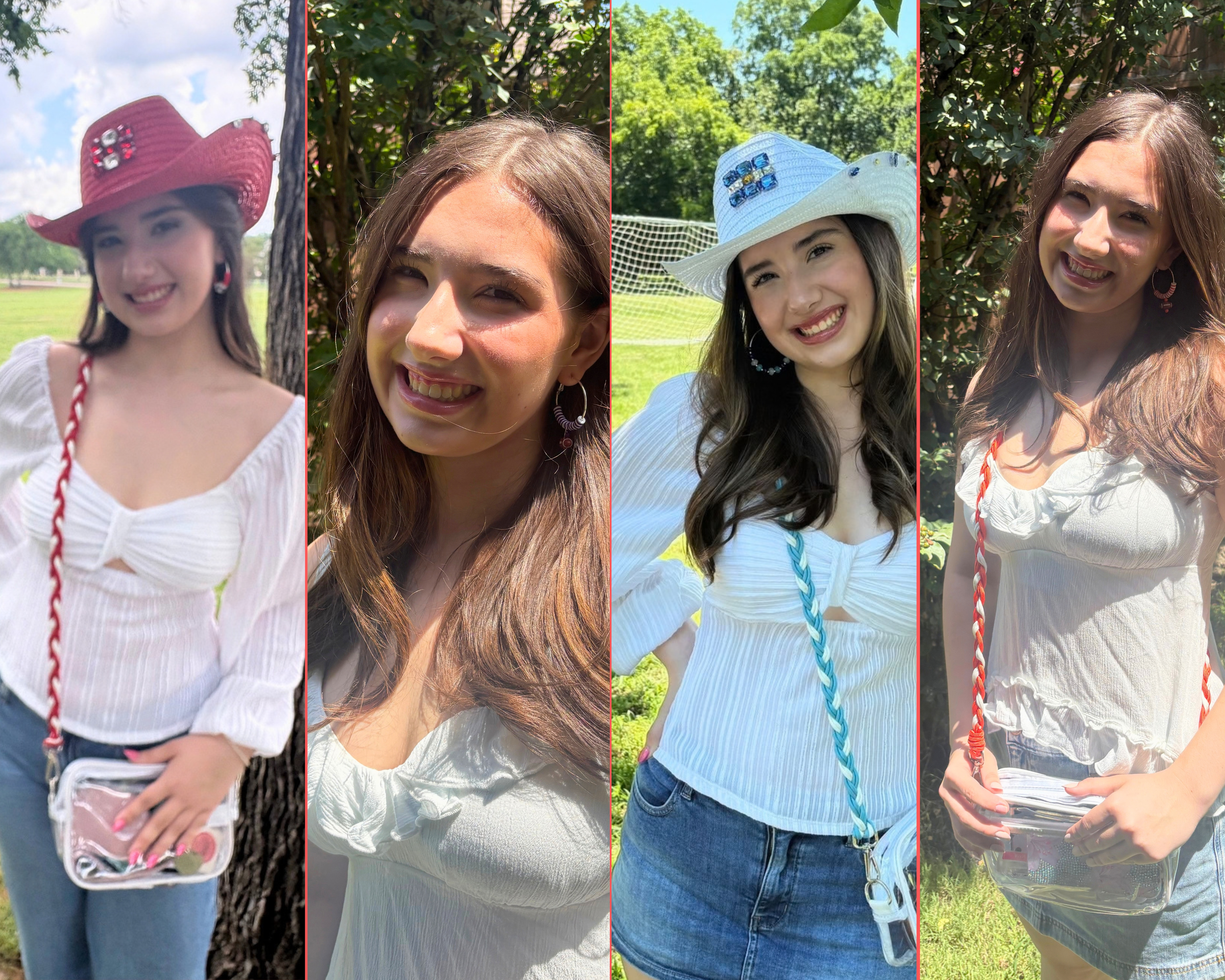 A collage of women outdoors, wearing hats and smiling. The first woman wears a hat with beads, the second woman has long brown hair, the third woman wears a white hat with beads, and the fourth woman has long light brown hair. They are in a green park, with trees and grass visible in the background.