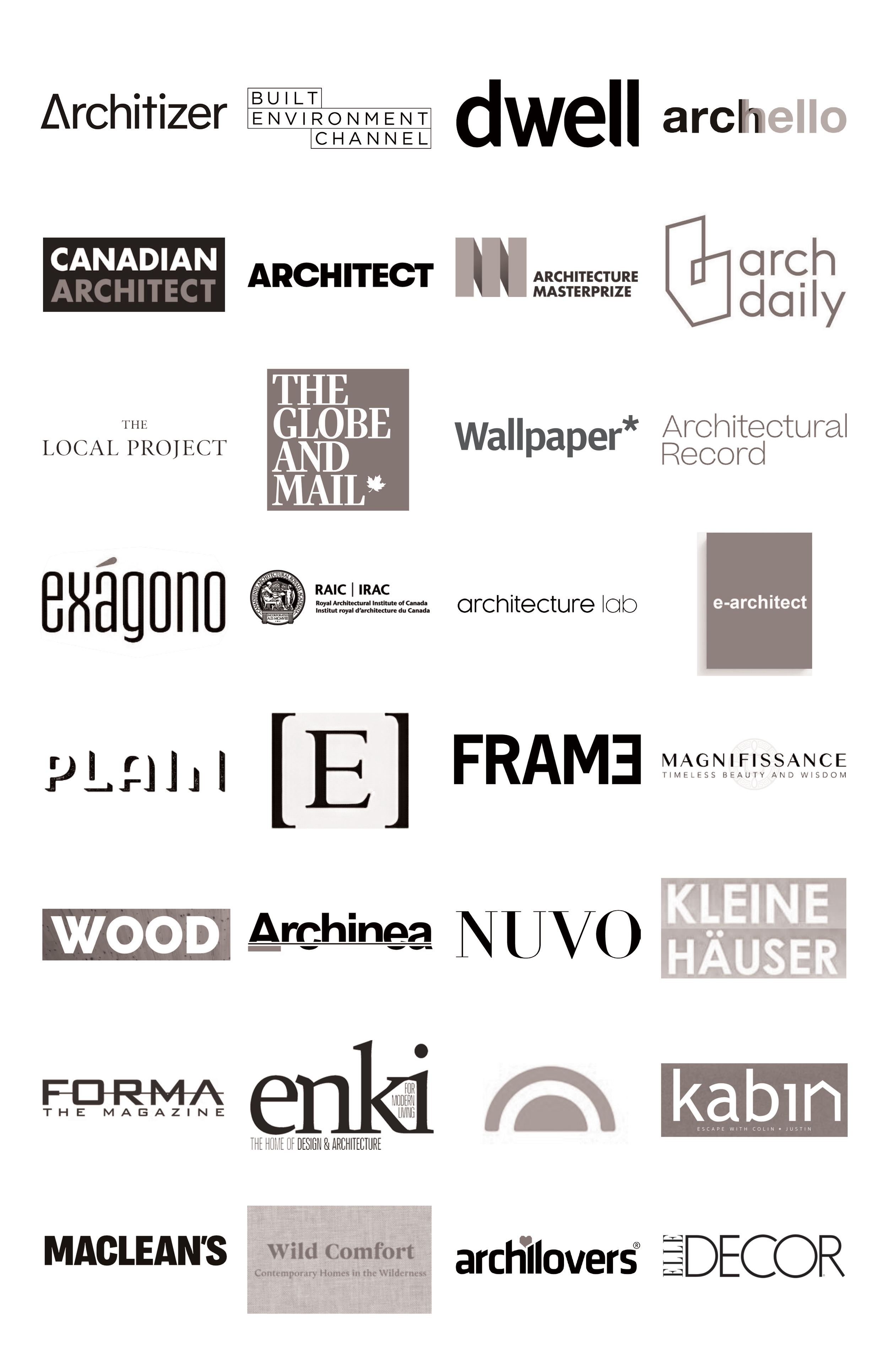 A collage of various architecture and design magazine logos in black, white, gray, and shades of brown.