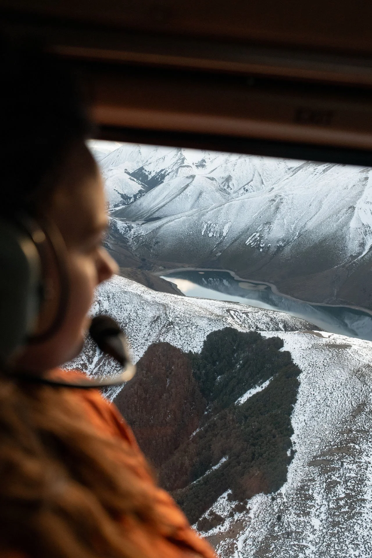 Snow-covered mountains and a lake viewed from inside an aircraft window, with a person in the foreground.