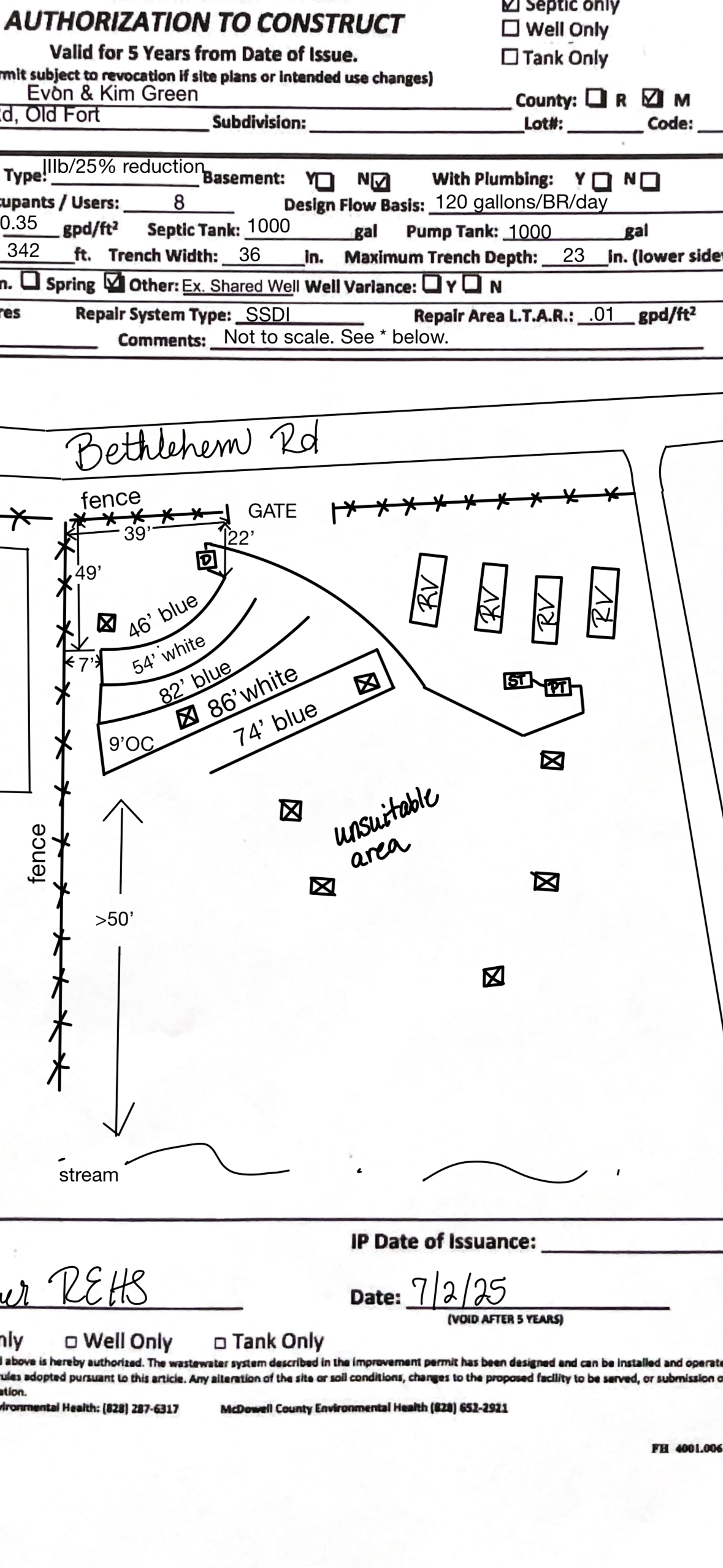 Site plan for a property on Bethlehem Road showing fences, a gate, an unspecified area, and color-coded zones labeled with measurements. Includes symbols for utility pipes and structures, with handwritten notes and a stream at the bottom.