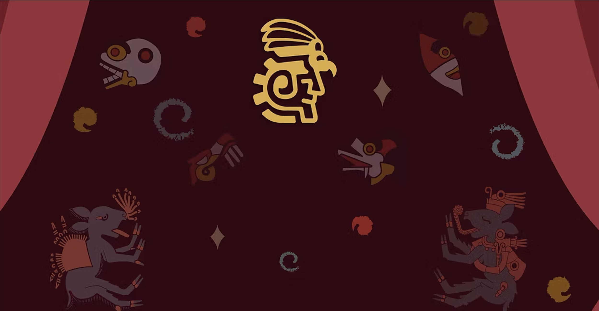 Dark background with gold stylized animals and symbols inspired by ancient cultures, including a llama, a bird, and abstract designs.