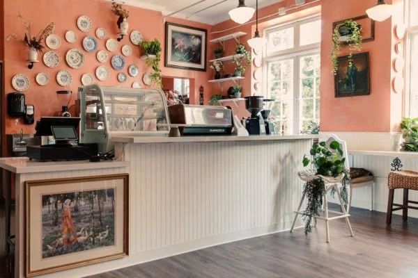 A cozy cafe counter with a pink wall decorated with hanging plates and framed artwork, white shelves with plants, a glass display case, a cash register, and a small white chair with greenery on it, all illuminated by large windows and hanging lamps.