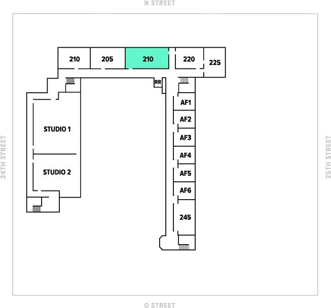 Floor plan layout of a building with room numbers, two studios, and multiple offices labeled AF1 to AF6.