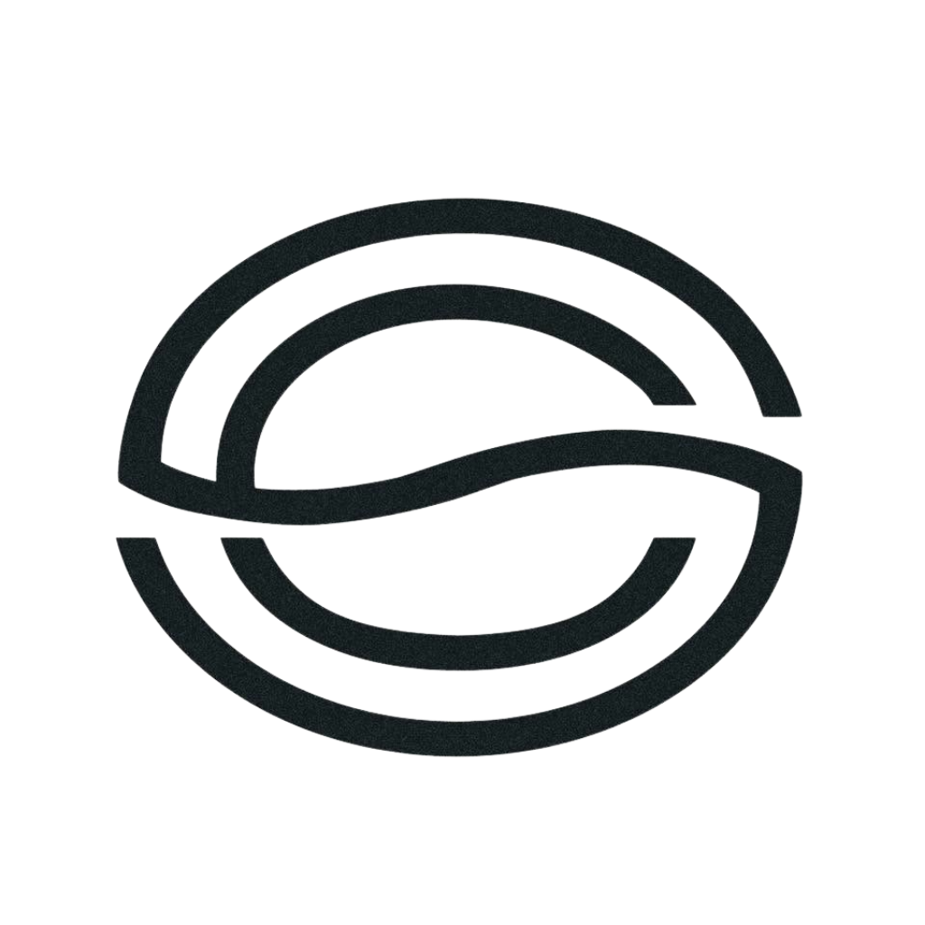 Black logo resembling a stylized letter 'S' in a circular design