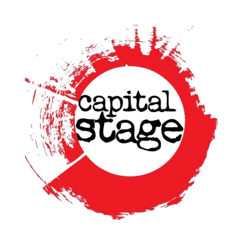 Stylized red circular brushstroke with the words 'capital stage' in black text inside
