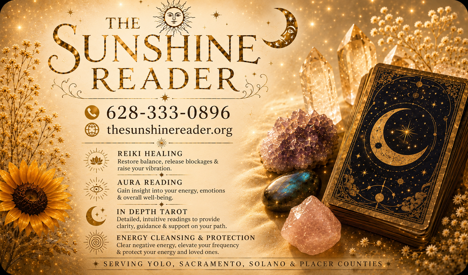 Decorative promotional poster for The Sunshine Reader with contact info, services like Reiki healing, aura reading, tarot, and energy cleansing. Features tarot deck, crystals, flowers, and celestial symbols in a gold and black theme.
