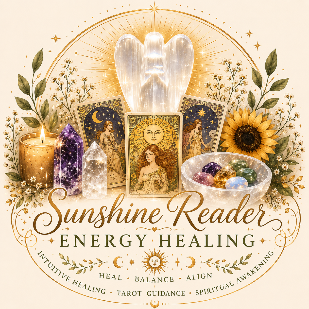 Decorative collage with tarot cards, crystals, candles, sunflower, and floral elements, labeled "Sunshine Reader Energy Healing" and words like "Heal," "Balance," and "Align."