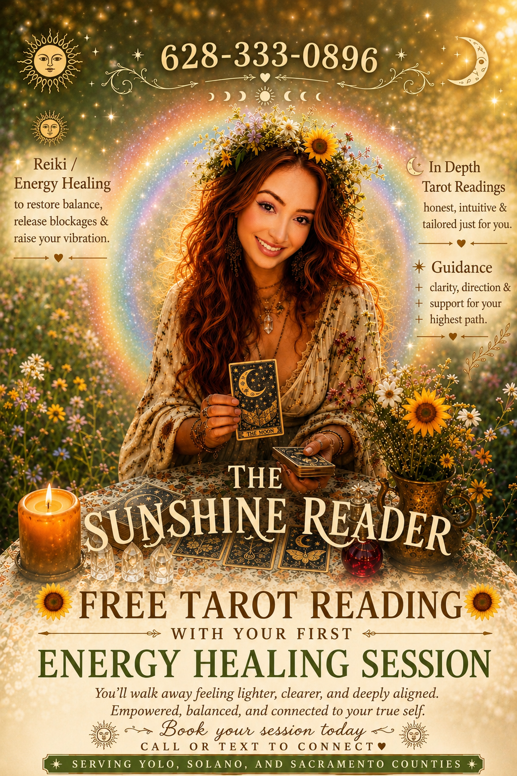 A woman with long red hair, wearing a floral dress, sits at a table with tarot cards and candles, surrounded by flowers and a rainbow, promoting free tarot readings and energy healing sessions.