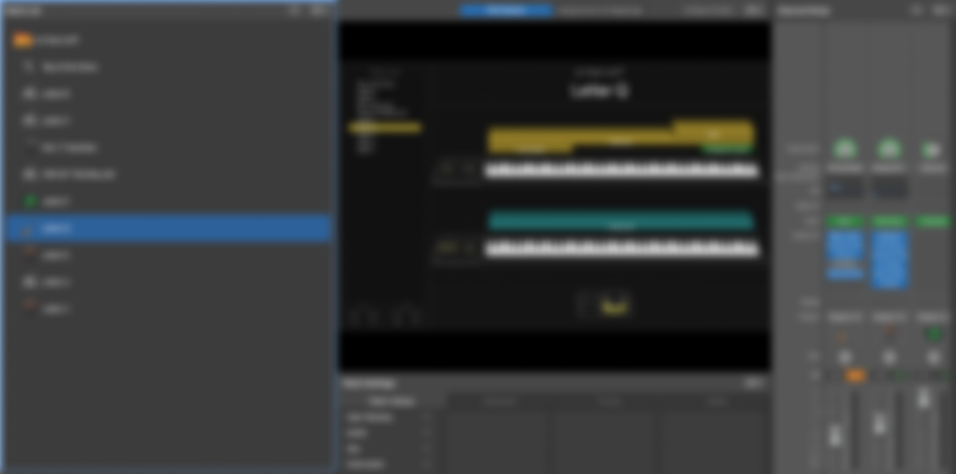 A screenshot of the MainStage interface with, a list of patches on the left, and various controls on the right, including a midi piano roll with colored notes.