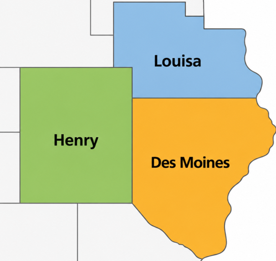 Map highlighting four counties in Iowa: Louisa County in blue, Henry County in green, Des Moines County in orange, and an unnamed county in white.
