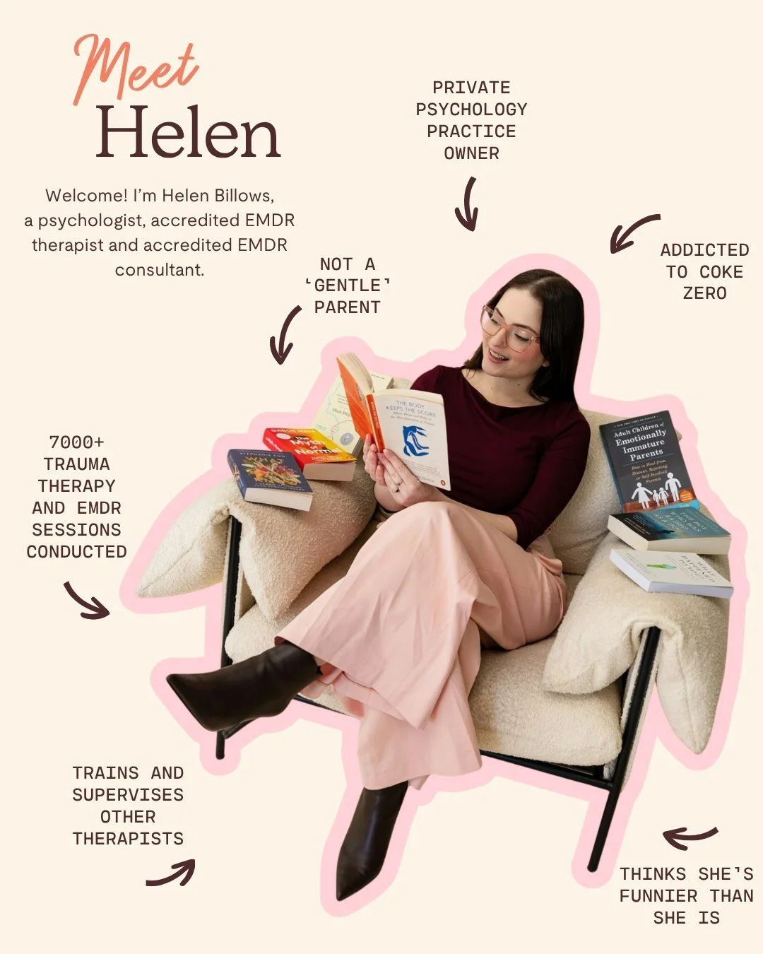 Welcome! I&rsquo;m Helen.

I&rsquo;m a psychologist, accredited EMDR therapist and consultant, and an EMDR training facilitator. Over the past eight years, I&rsquo;ve completed more than 7,000 trauma therapy and EMDR sessions working almost exclusive