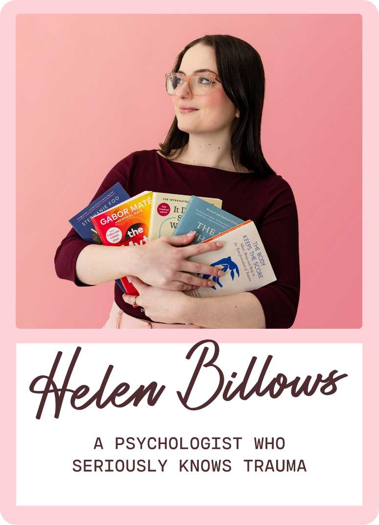 A woman with dark hair and glasses holding multiple books against a pink background