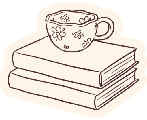 Drawing of a floral-patterned teacup on top of three stacked books.