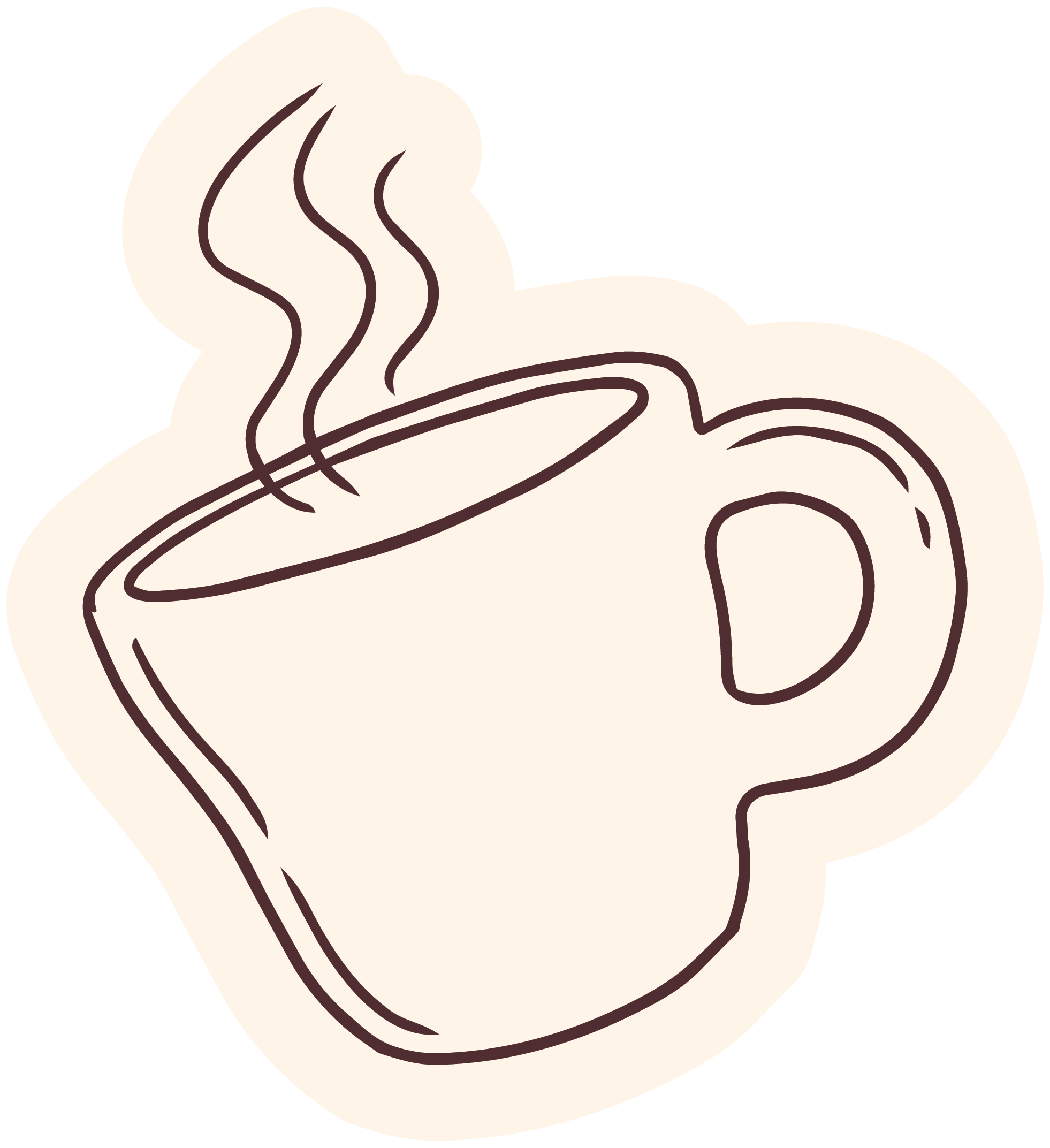 Line drawing of a steaming cup of coffee or tea on a saucer, with curved steam lines rising from the cup.