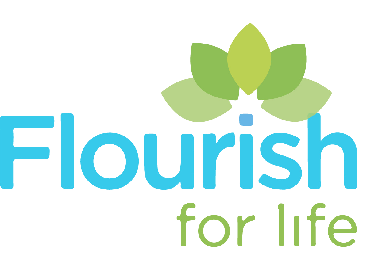 Blue and green logo with text 'florish' and a stylized green leaf design above the text.