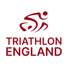 Triathlon England logo featuring a stylized red swimmer, cyclist, and runner above the text 'Triathlon England' in red.