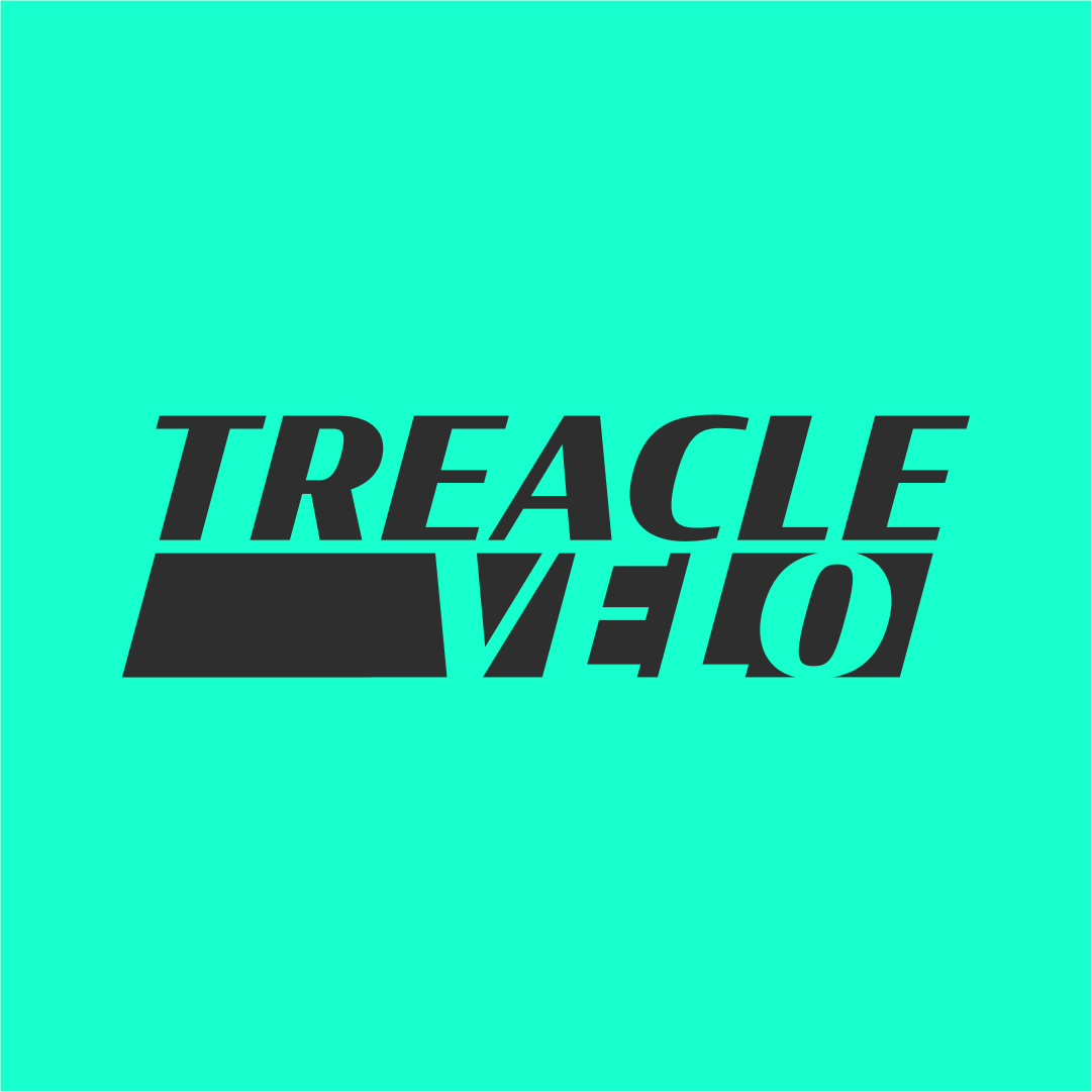 A teal background with the words "TREACLE VIDEO" in bold black letters, where "TREACLE" is slightly tilted and the word "VIDEO" is reflected upside down.