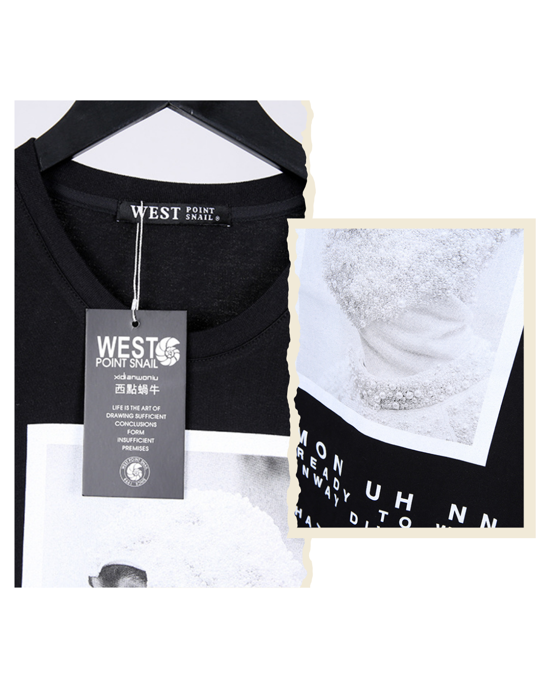 Detail shot of the West Point Snail tank showing the neck tag branding and the editorial graphic print