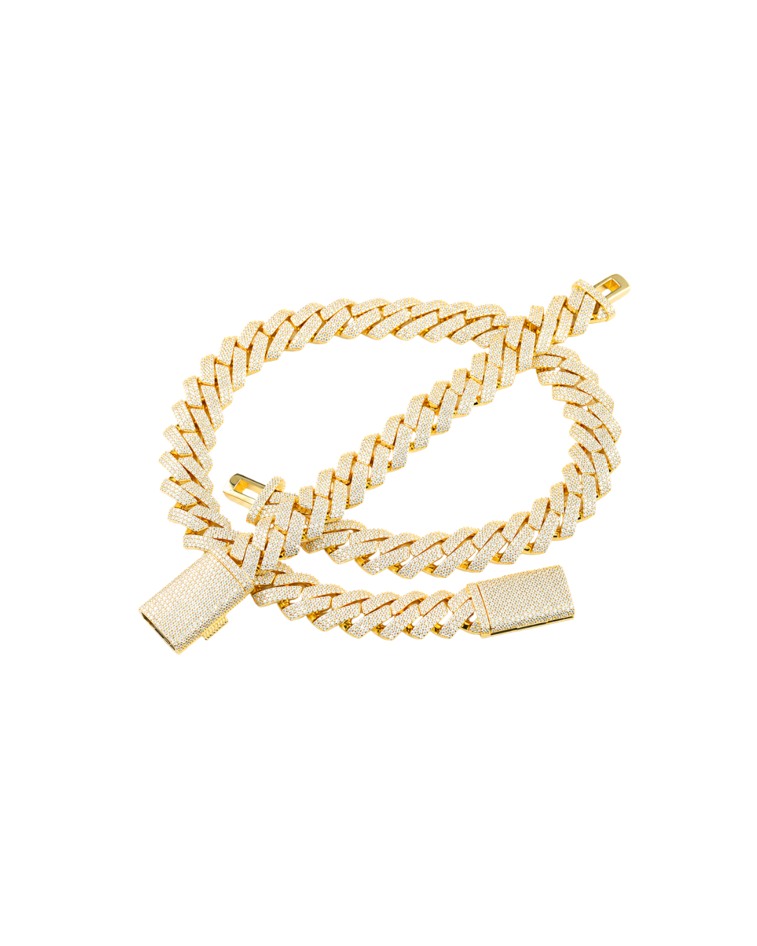 Gold 20mm VVS moissanite Cuban link chain laid flat