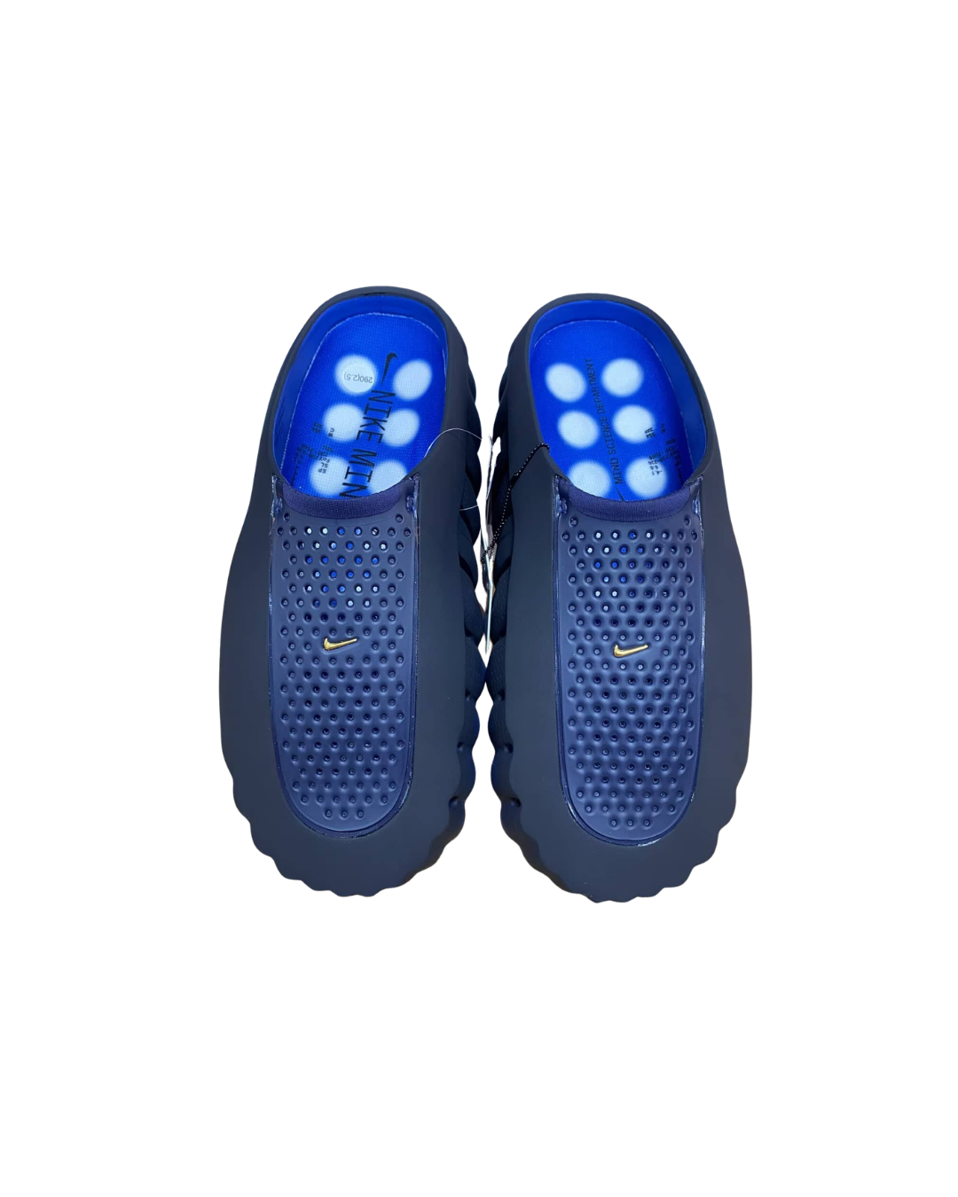 Top-down view of a pair of Nike Mind 001 Blackened Blue slides