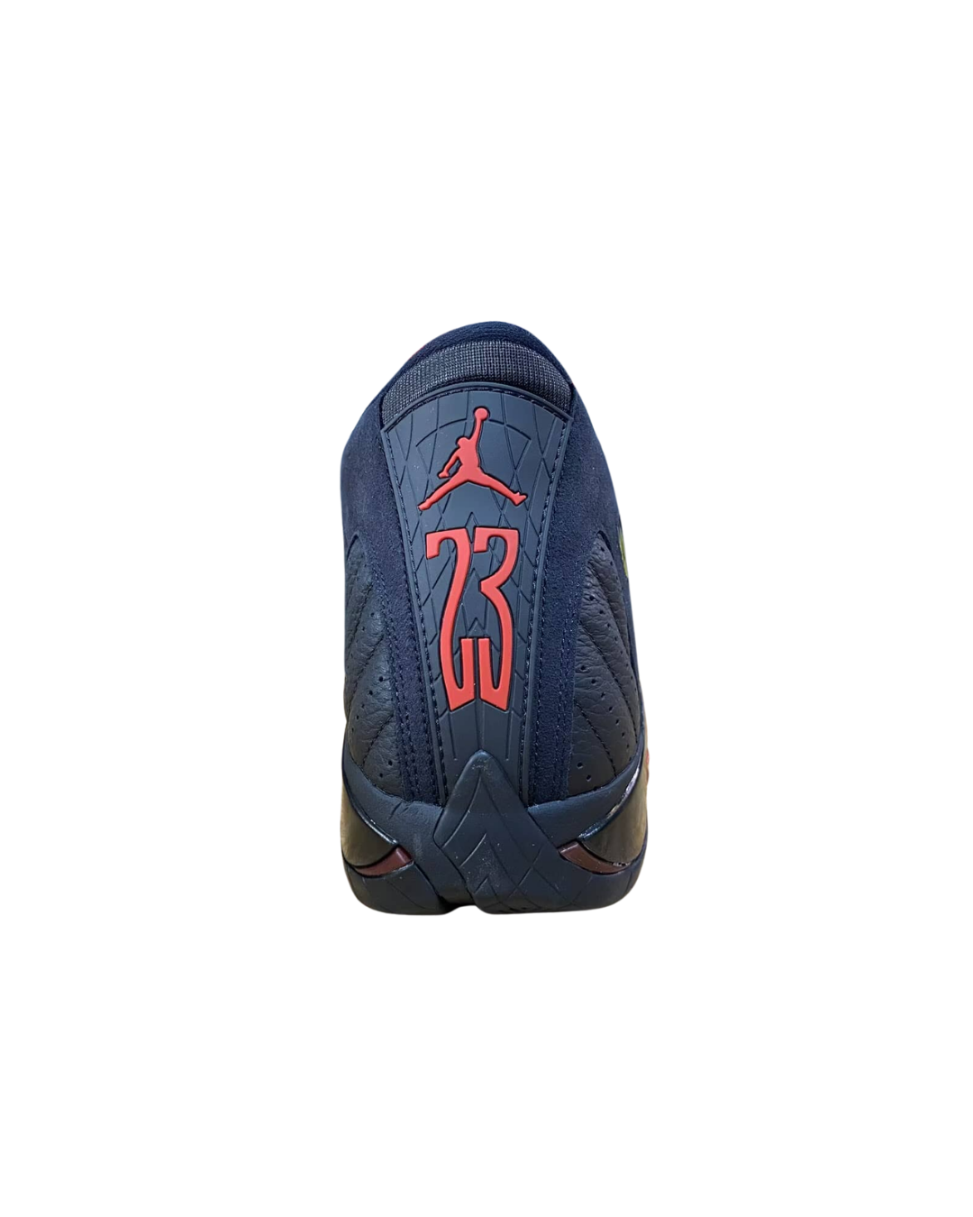 Front toe view of the Air Jordan 14 Retro Last Shot showing the red accent detailing