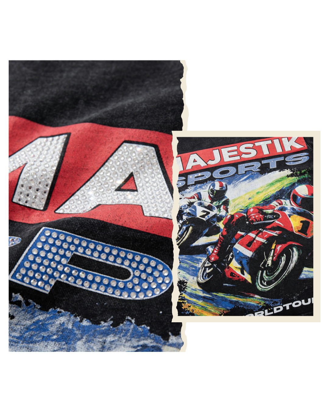 Graphic close-up and folded detail views of the washed black Majestik Sports World Tour tee