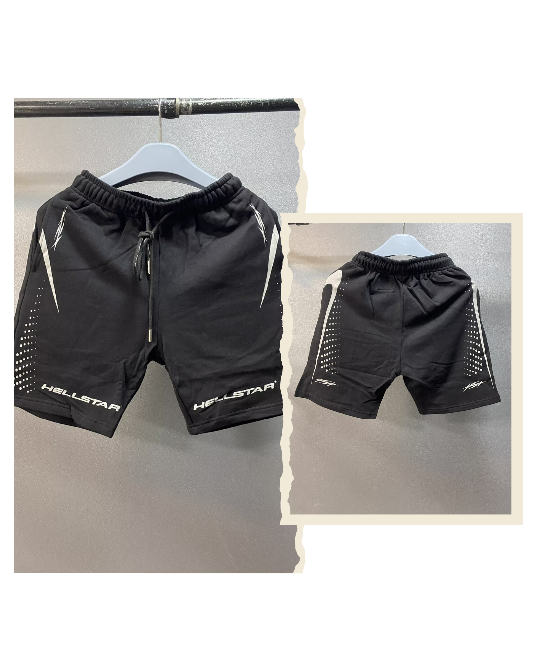 Front and back detail views of the black Hellstar Hype Flight shorts
