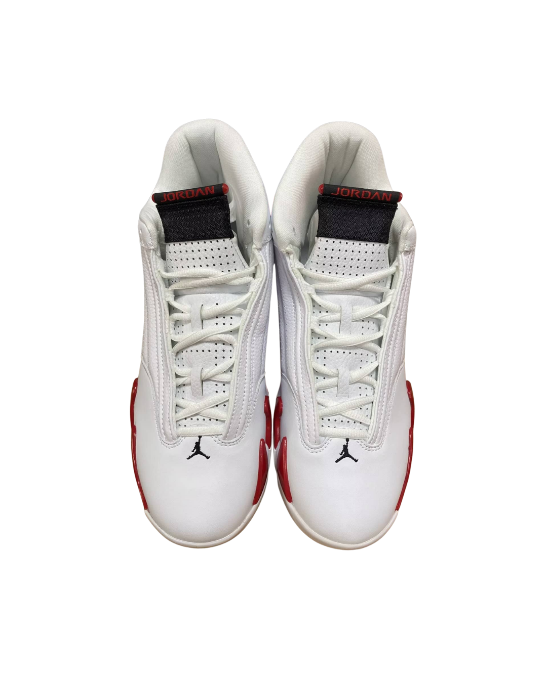Top-down front view of a pair of Air Jordan 14 Retro Candy Cane sneakers