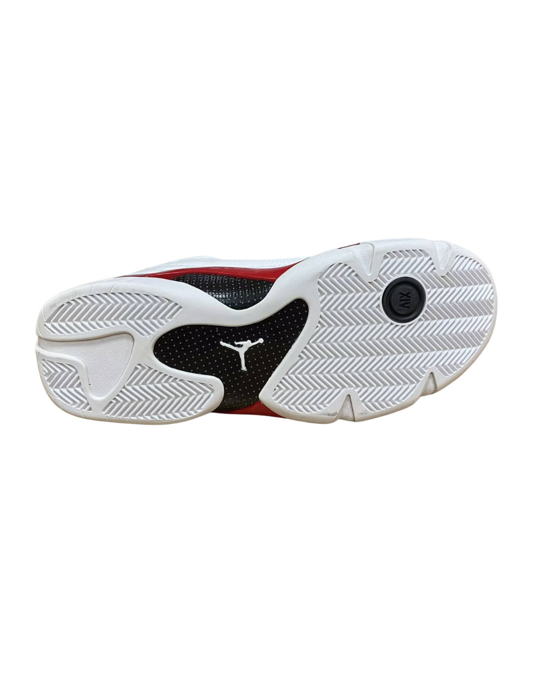Outsole view of the Air Jordan 14 Retro Candy Cane showing the herringbone rubber tread