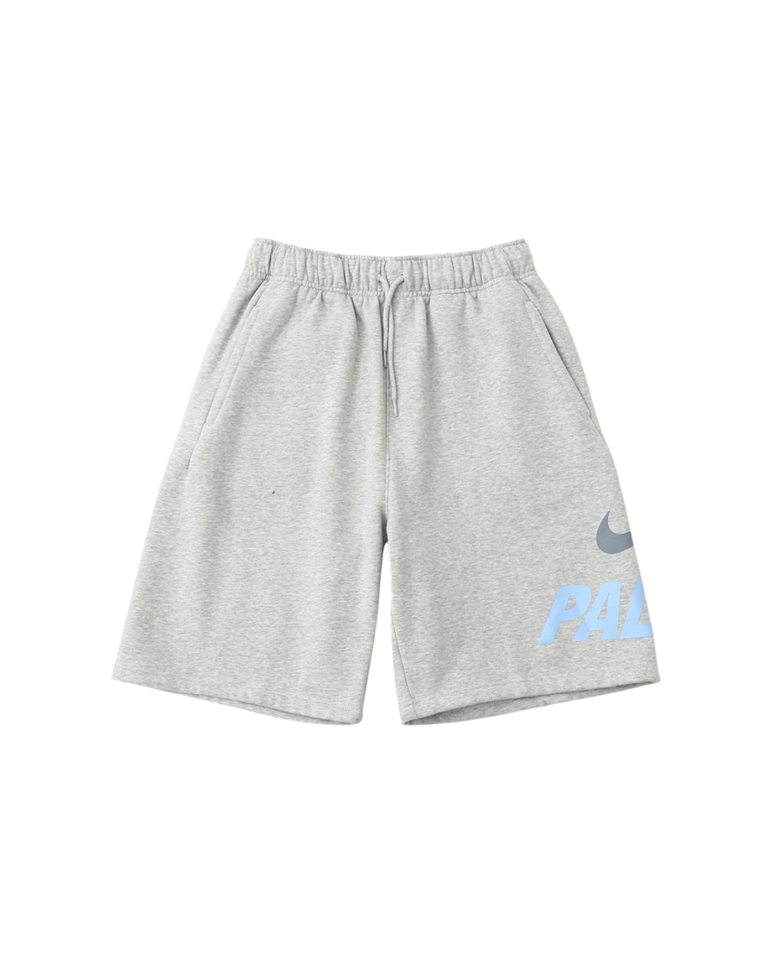 Grey heather Palace x Nike SS26 sweat shorts with the PALACE swoosh logo on the leg