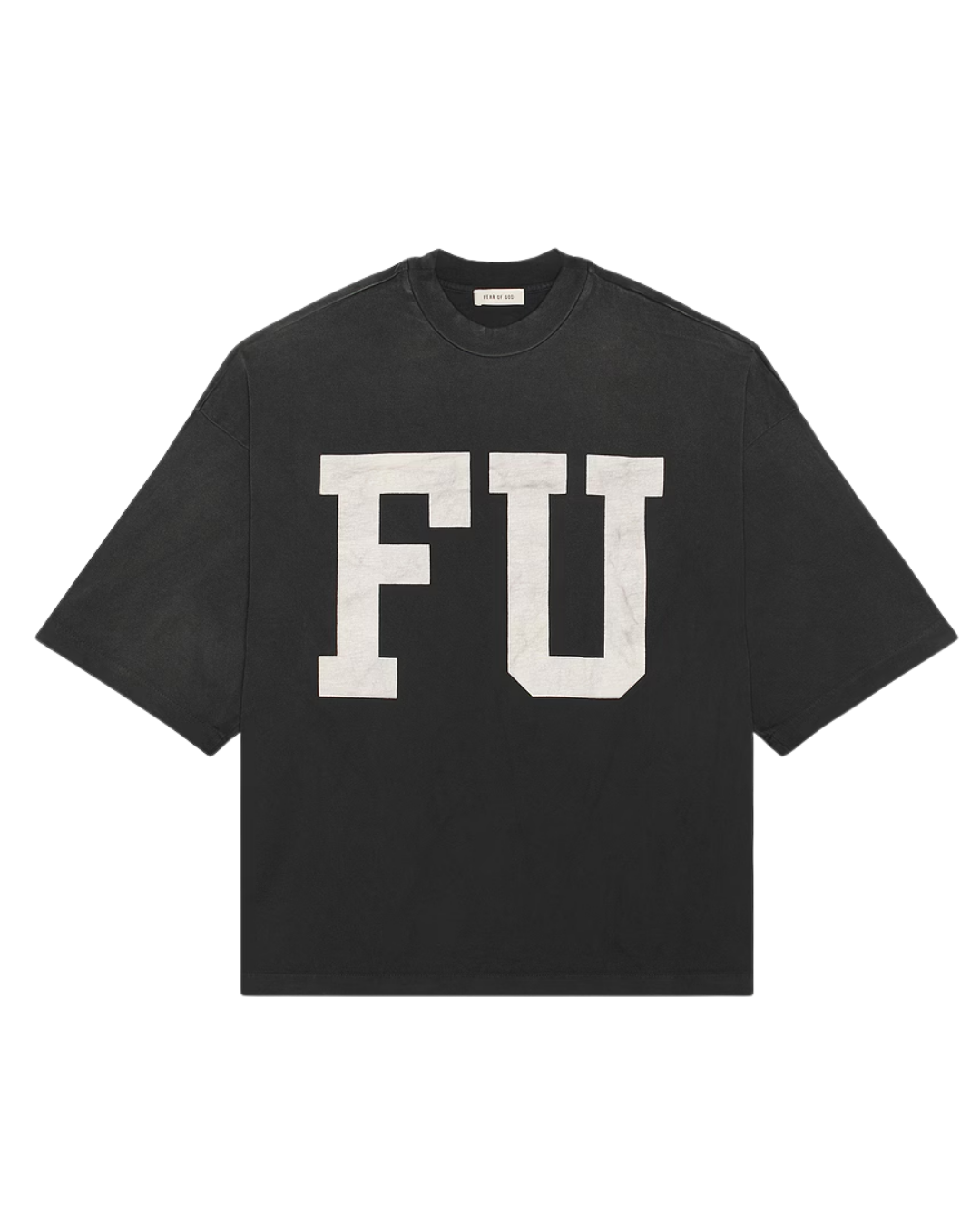 Front view of the black vintage wash Fear of God Educate tee with a large FU chest print