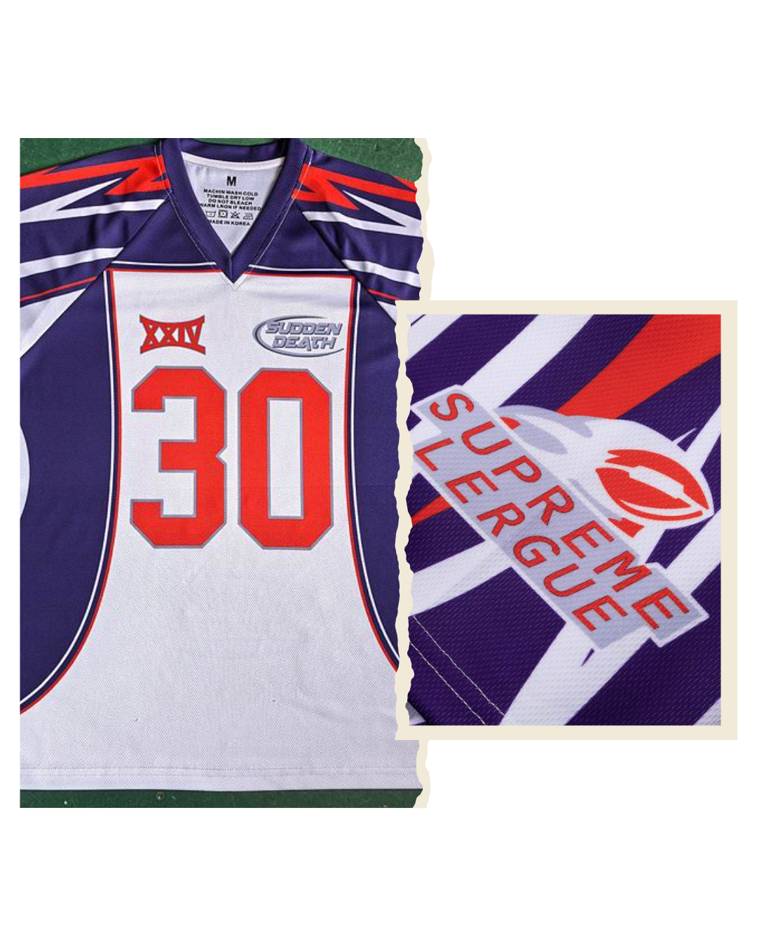 Front and back detail views of the white Supreme Sudden Death football jersey
