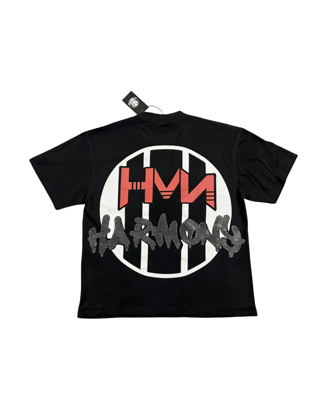 Back view of the black Harmony Don't Ask Too Much tee with a red circular graphic