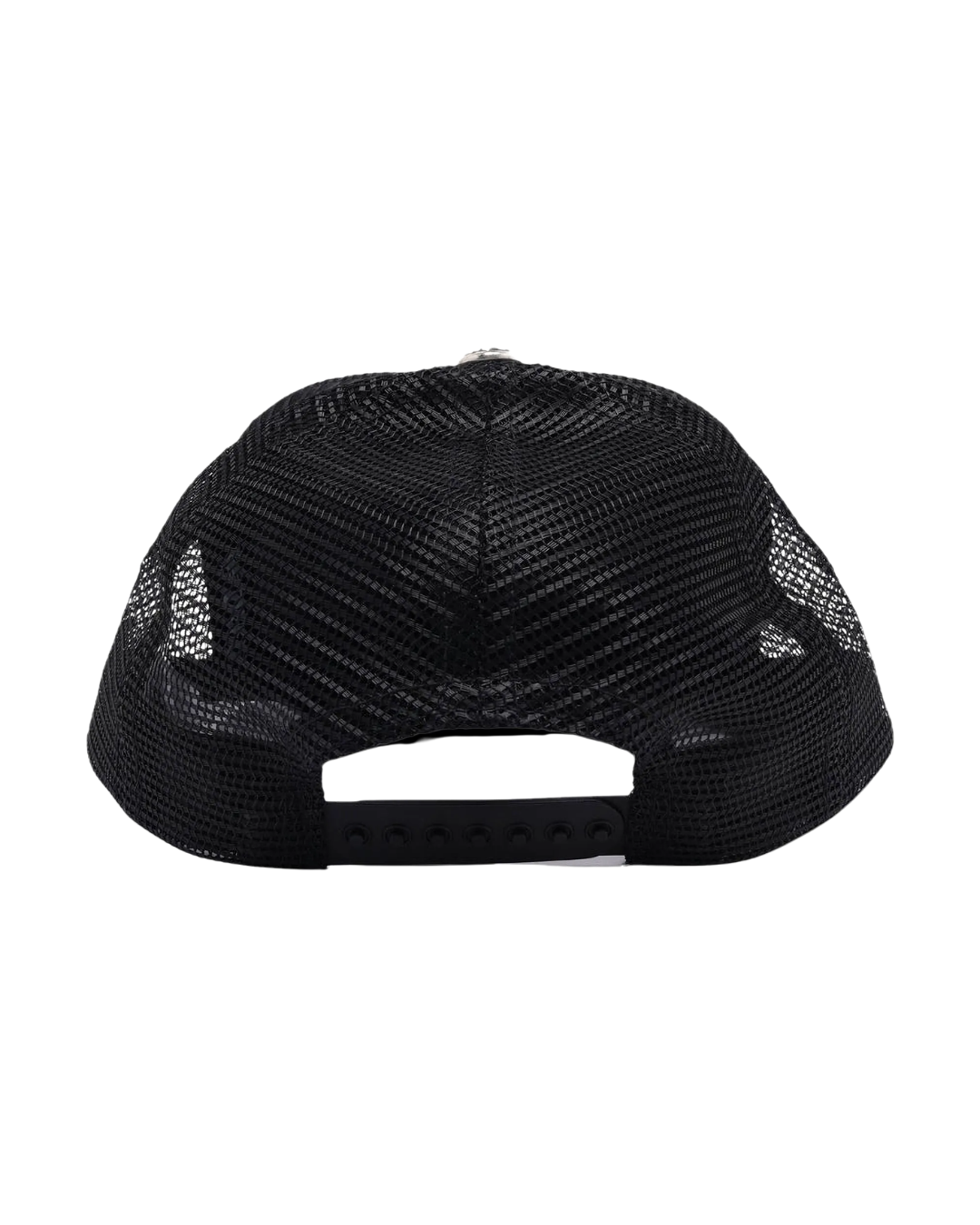 Back view of the black Chrome Hearts trucker cap showing the mesh panels and snapback closure