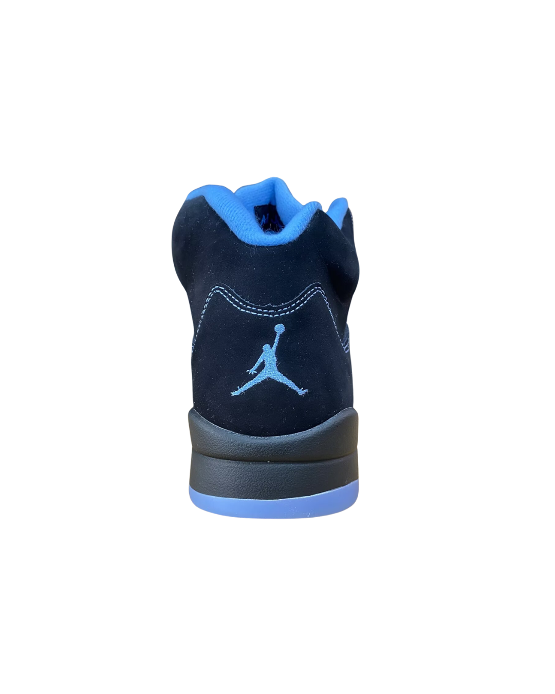 Front view of the Air Jordan 5 Black University Blue showing the tongue Jumpman logo