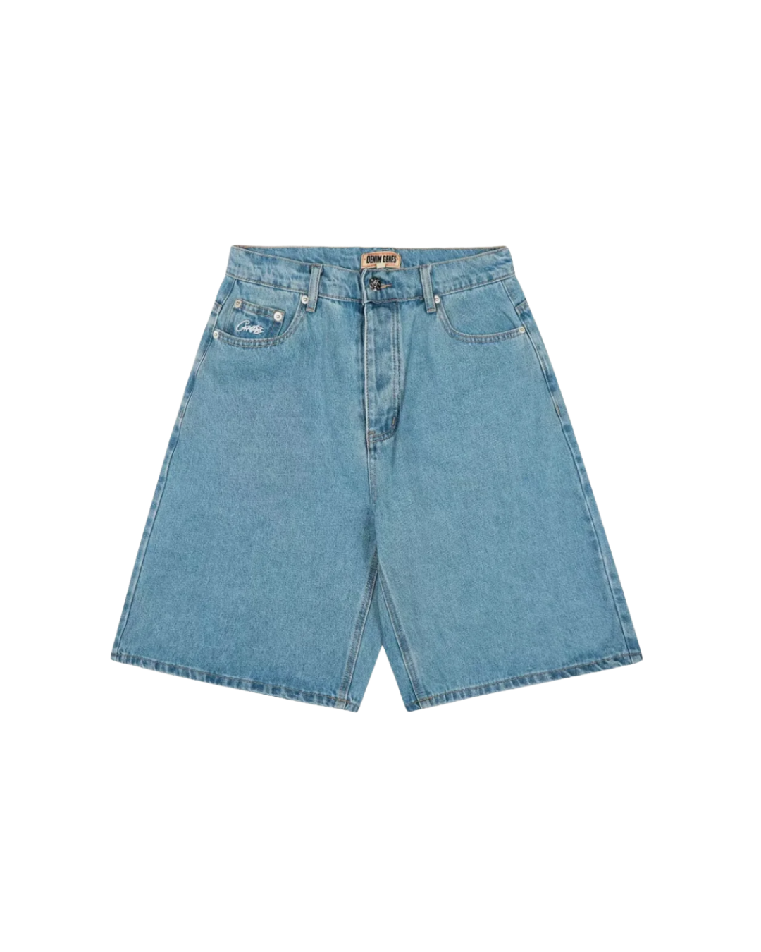 Front view of the Corteiz C-Star midwash blue baggy fit denim shorts