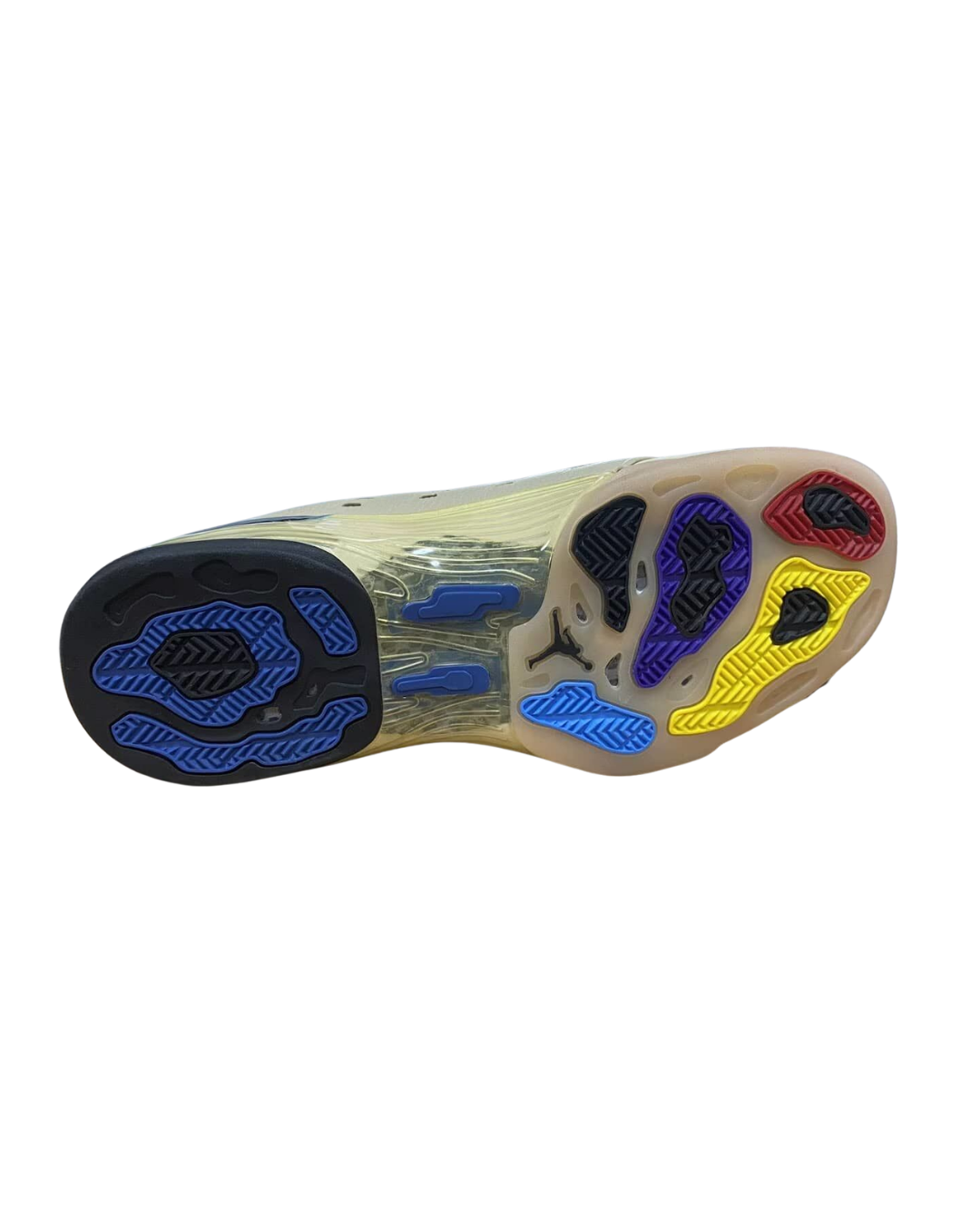 Bottom outsole view of the Infinite Archives x Air Jordan 17 Low SP Beach sneaker showing the multicolor tread pattern