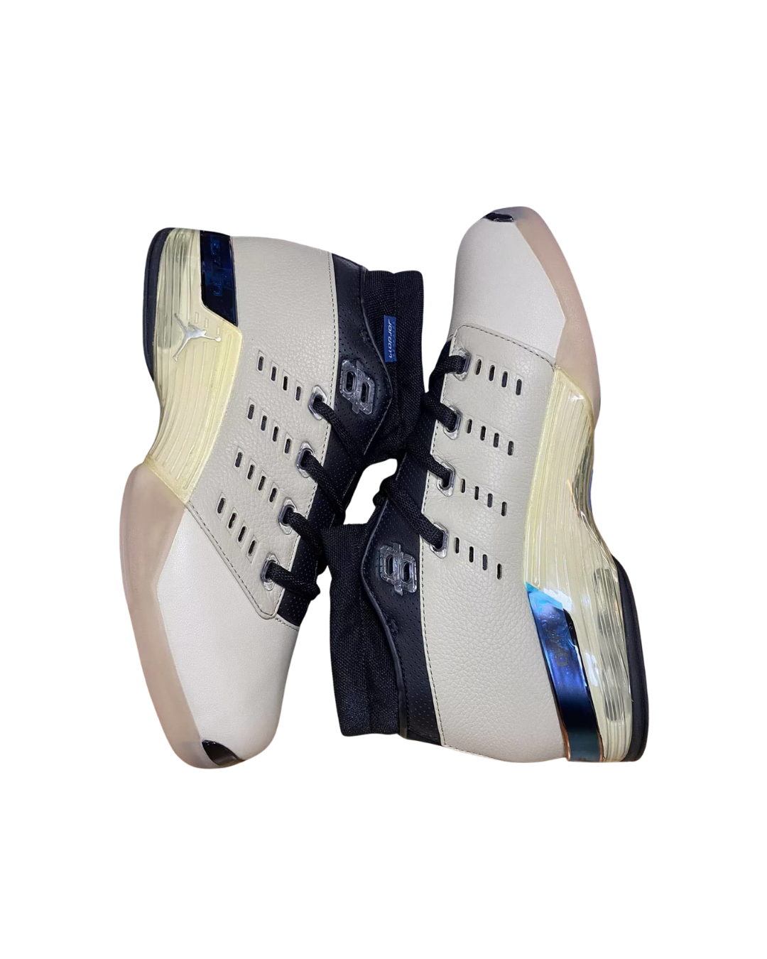 Angled top-down view of a pair of Infinite Archives x Air Jordan 17 Low SP Beach sneakers showing the laces and toe box