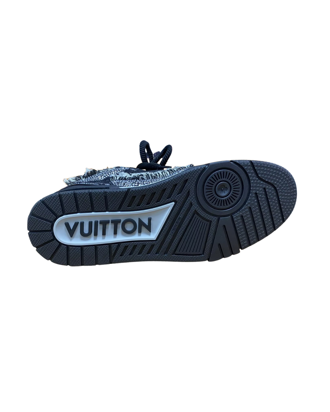Outsole view of the Swarovski x Louis Vuitton Skate sneaker with VUITTON branding on the sole