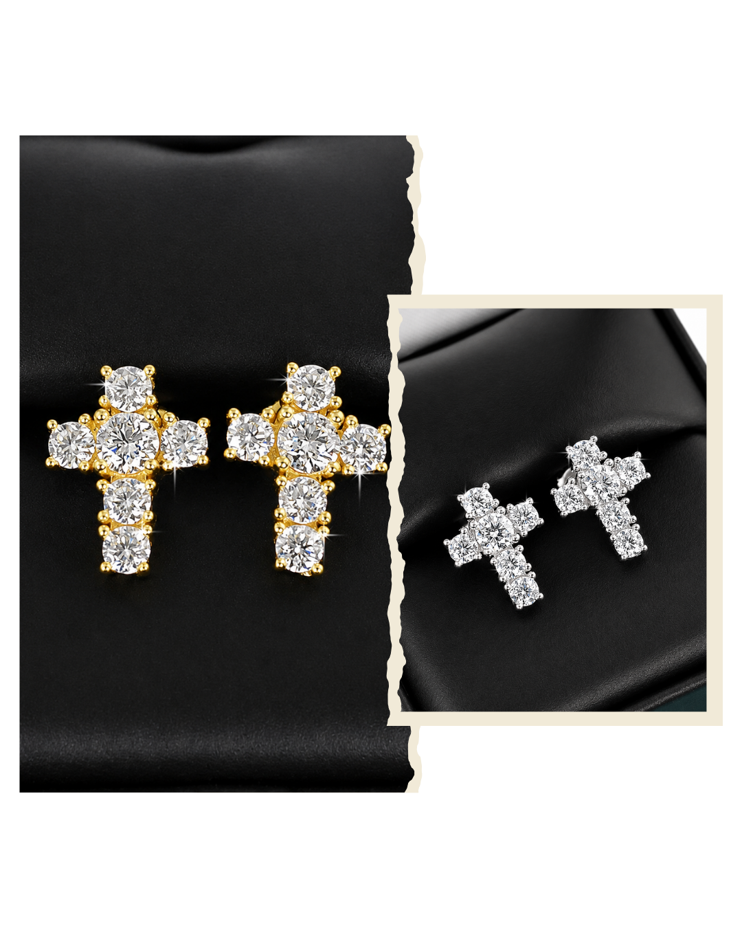 Tennis cross moissanite stud earrings presented in gift boxes
