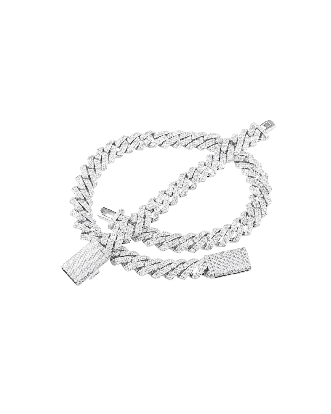Silver 20mm VVS moissanite Cuban link chain laid flat