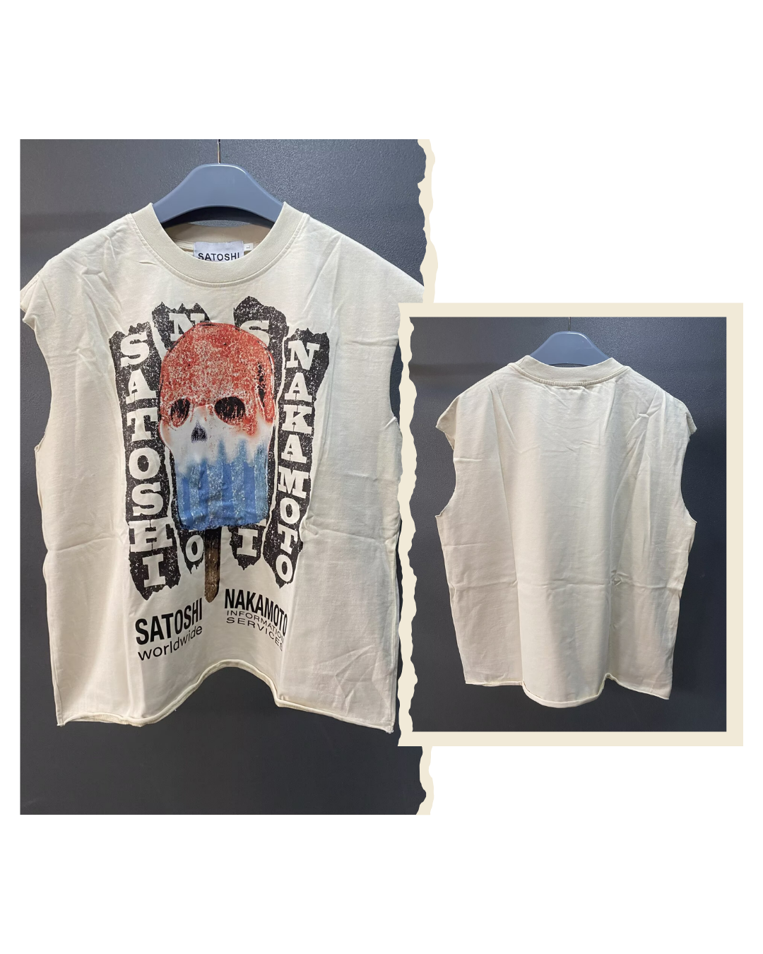 Front and back views of the cream Satoshi Nakamoto skull popsicle sleeveless tee