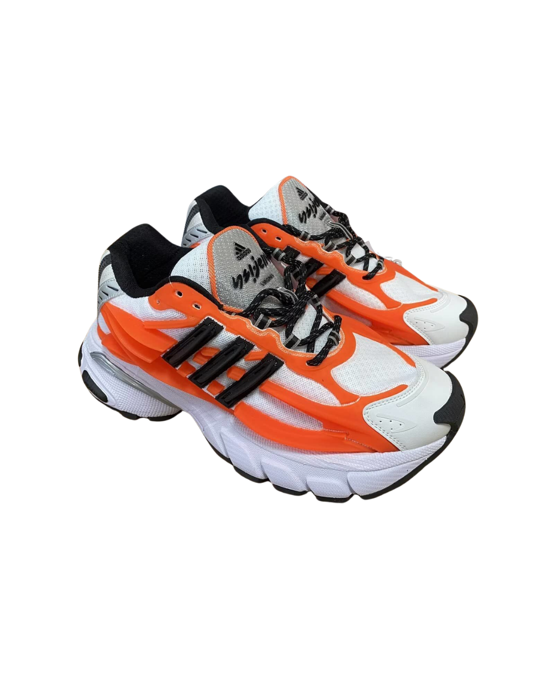 Three-quarter angled view of the Pharrell x adidas Adistar Jellyfish sneaker in orange and white